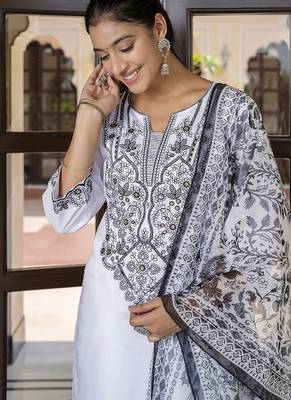 Silk blend white casual wear embroidery work kurta set 2