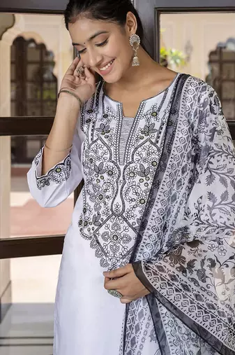 Silk blend white casual wear embroidery work kurta set