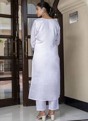 Silk blend white casual wear embroidery work kurta set 4