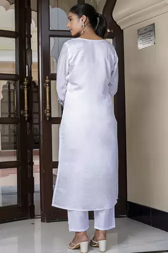 Silk blend white casual wear embroidery work kurta set