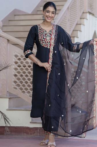 Silk blend black casual wear embroidery work kurta set