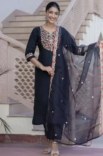 Silk blend black casual wear embroidery work kurta set