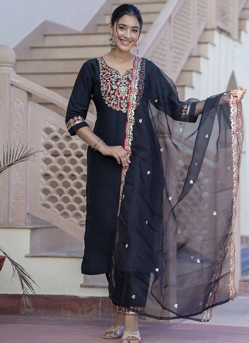 Silk blend black casual wear embroidery work kurta set