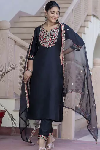 Silk blend black casual wear embroidery work kurta set
