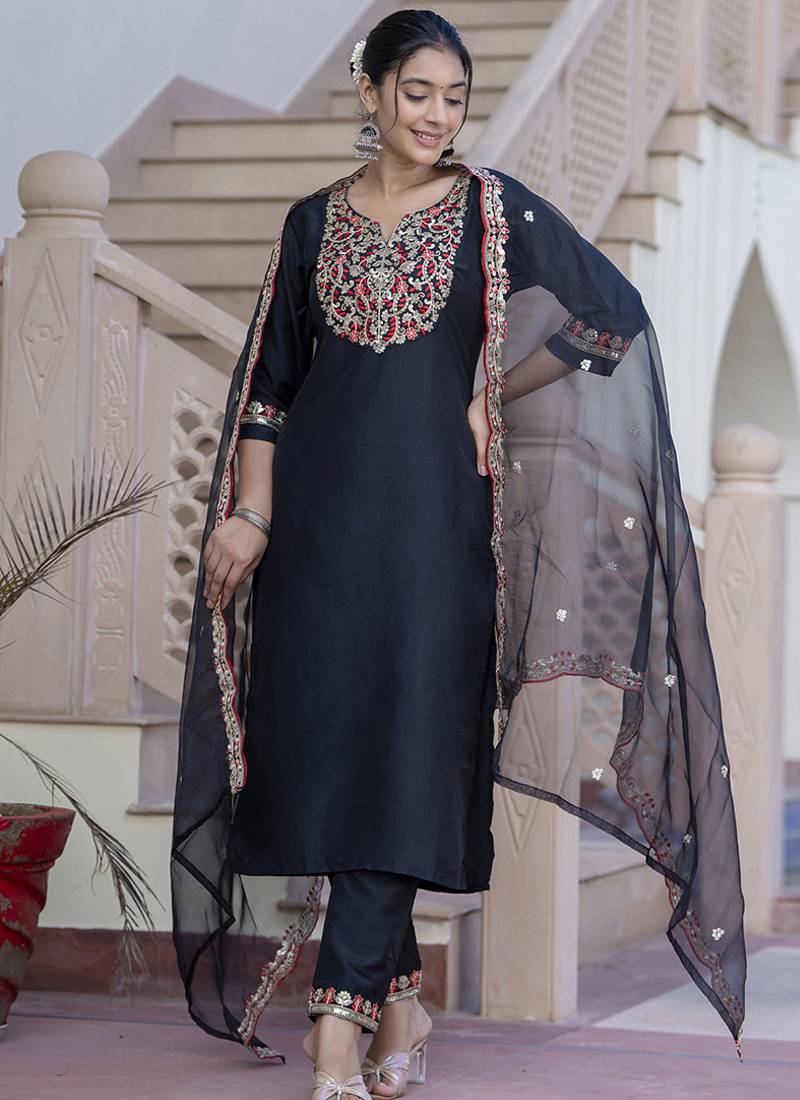 Silk blend black casual wear embroidery work kurta set