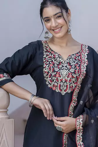 Silk blend black casual wear embroidery work kurta set