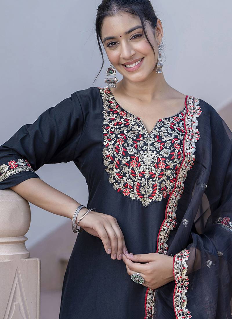 Silk blend black casual wear embroidery work kurta set
