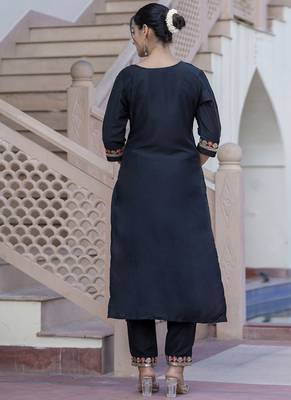 Silk blend black casual wear embroidery work kurta set 4