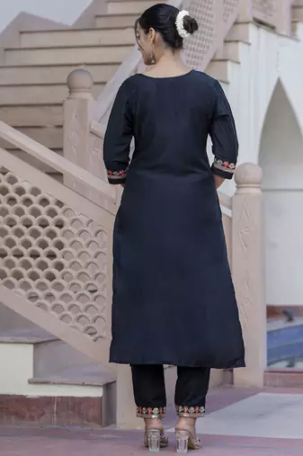 Silk blend black casual wear embroidery work kurta set