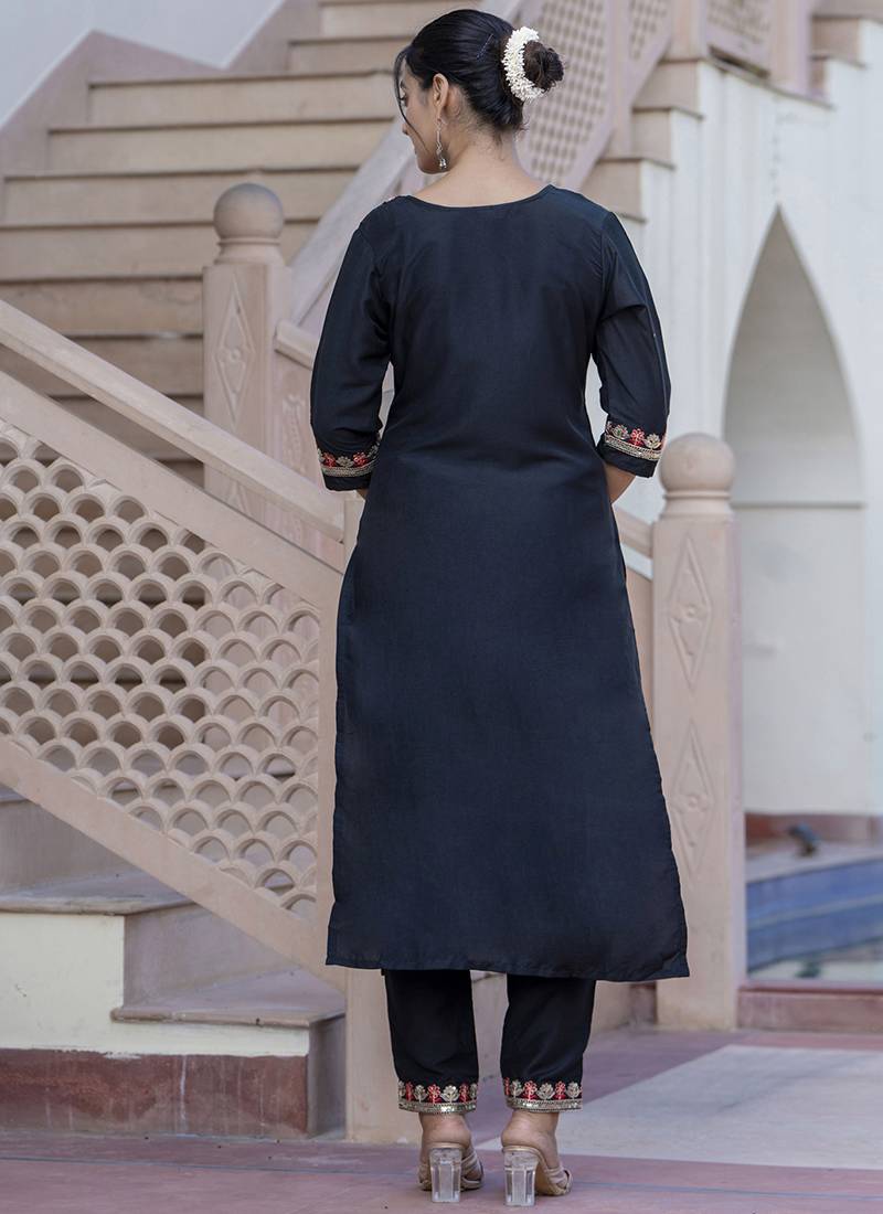 Silk blend black casual wear embroidery work kurta set