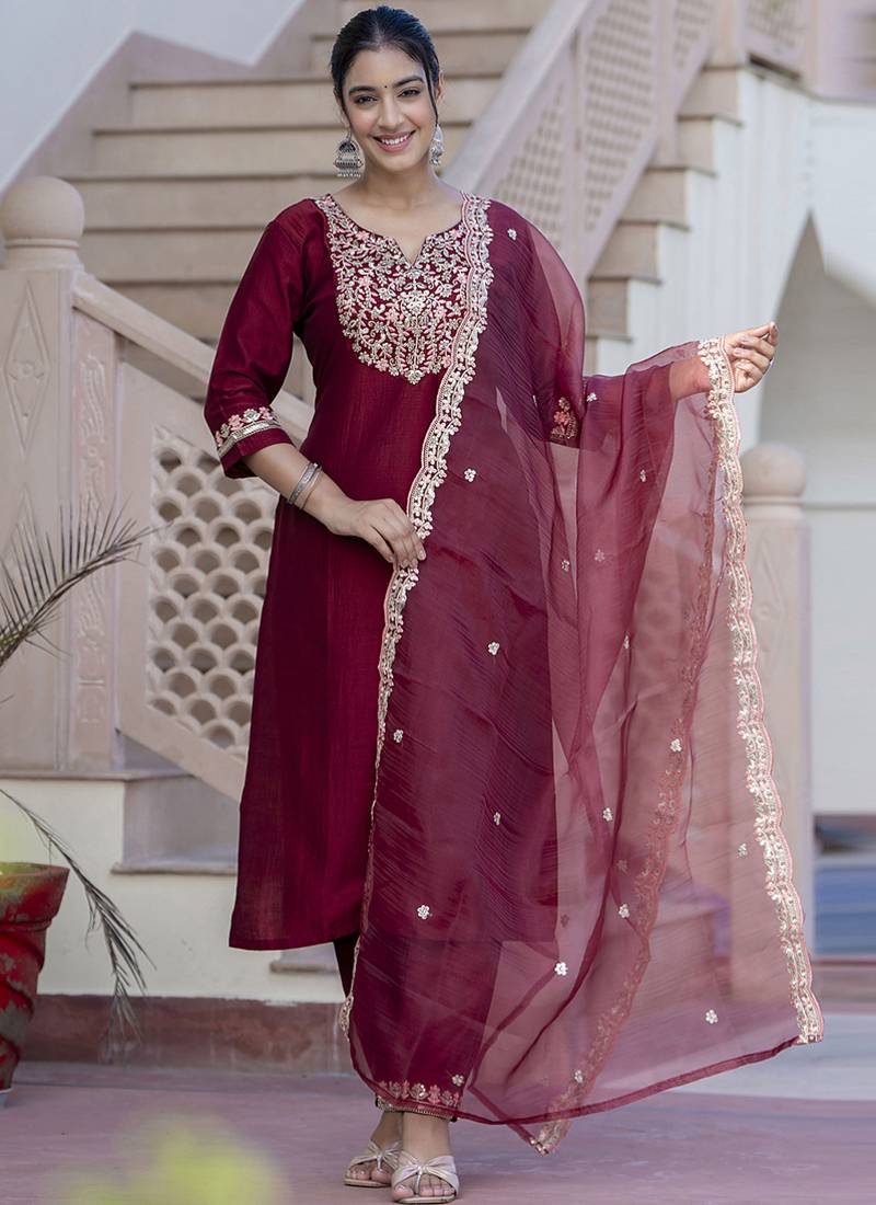 Silk blend maroon casual wear embroidery work kurta set