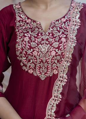 Silk blend maroon casual wear embroidery work kurta set 2
