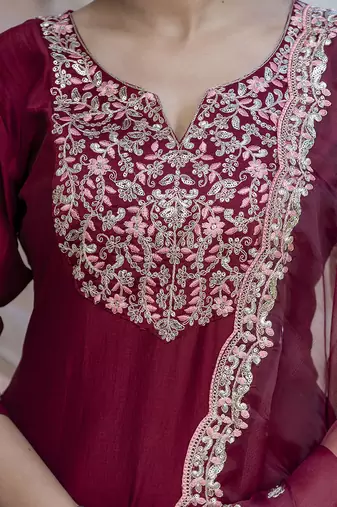 Silk blend maroon casual wear embroidery work kurta set
