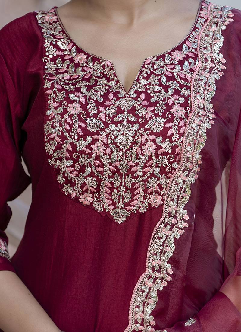 Silk blend maroon casual wear embroidery work kurta set