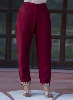 Silk blend maroon casual wear embroidery work kurta set 3