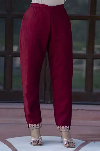 Silk blend maroon casual wear embroidery work kurta set