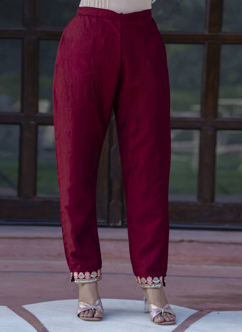 Silk blend maroon casual wear embroidery work kurta set