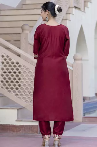 Silk blend maroon casual wear embroidery work kurta set