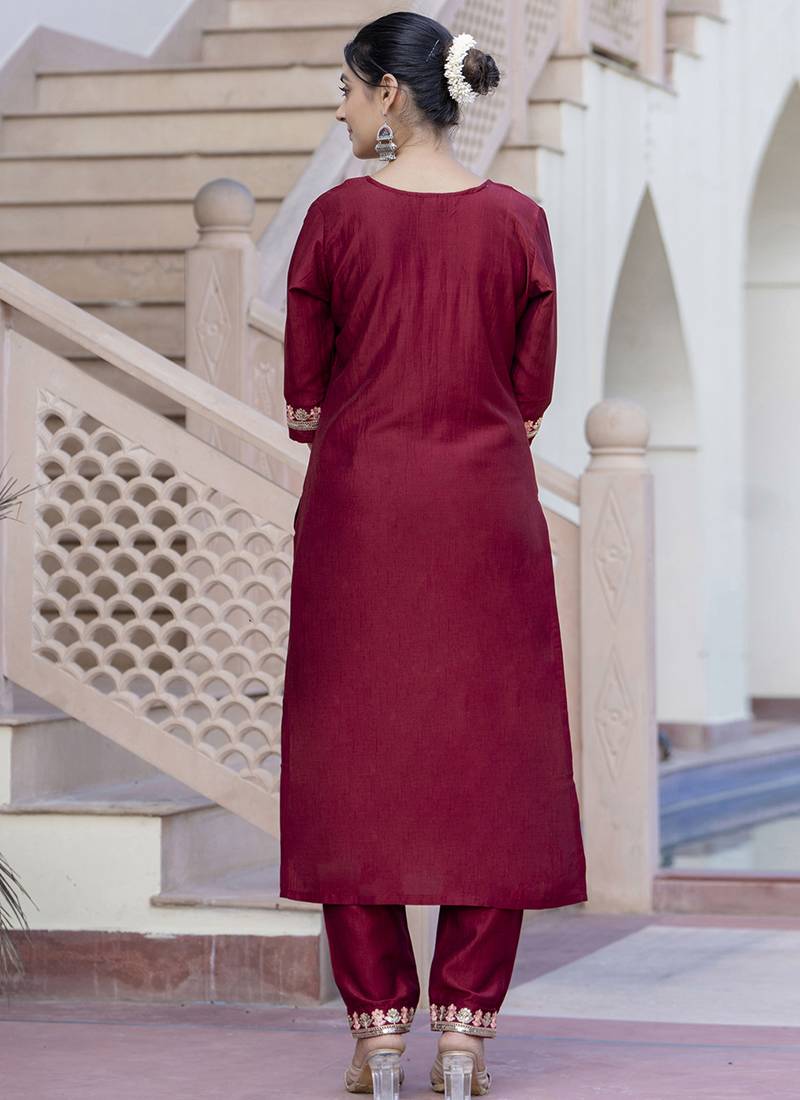 Silk blend maroon casual wear embroidery work kurta set