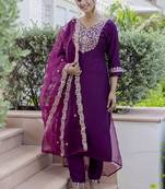 Silk blend magneta casual wear embroidery work kurta set