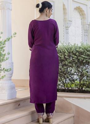Silk blend magneta casual wear embroidery work kurta set 3