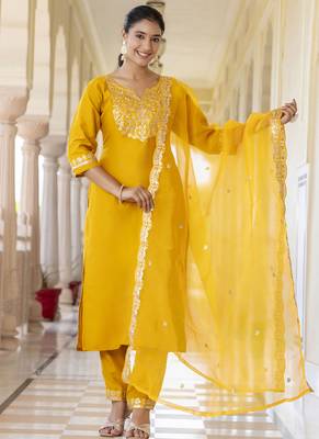 Silk blend mustard casual wear embroidery work kurta set 1