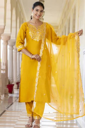 Silk blend mustard casual wear embroidery work kurta set