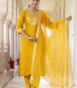 Silk blend mustard casual wear embroidery work kurta set