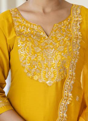 Silk blend mustard casual wear embroidery work kurta set 2