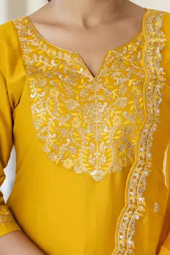 Silk blend mustard casual wear embroidery work kurta set