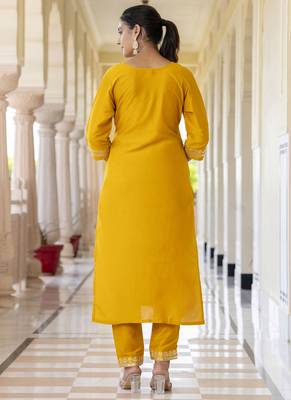 Silk blend mustard casual wear embroidery work kurta set 4