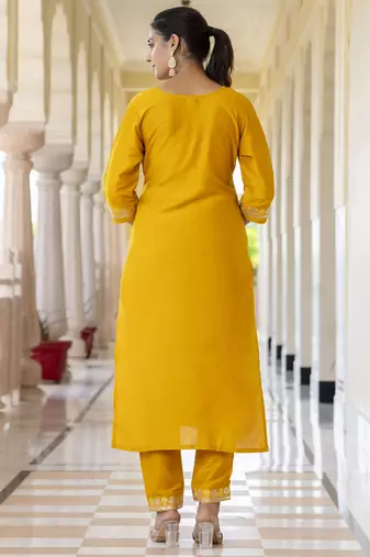 Silk blend mustard casual wear embroidery work kurta set