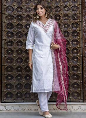 Chanderi silk white casual wear embroidery work kurta set 1