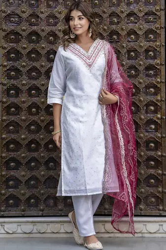 Chanderi silk white casual wear embroidery work kurta set