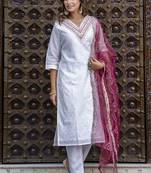 Chanderi silk white casual wear embroidery work kurta set