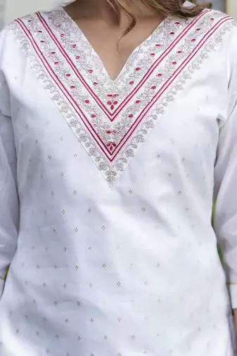 Chanderi silk white casual wear embroidery work kurta set