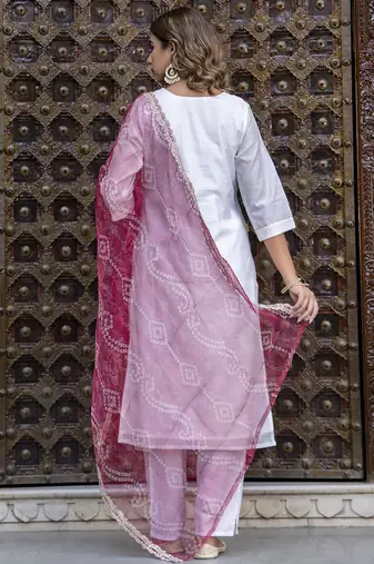 Chanderi silk white casual wear embroidery work kurta set