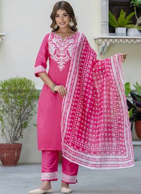 Silk blend pink casual wear embroidery work kurta set 1