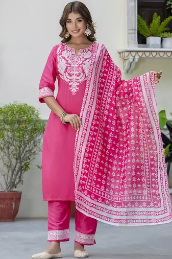 Silk blend pink casual wear embroidery work kurta set