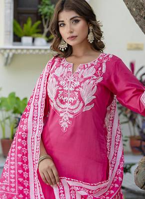 Silk blend pink casual wear embroidery work kurta set 2