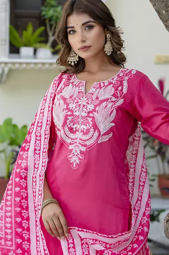 Silk blend pink casual wear embroidery work kurta set