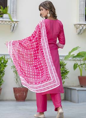 Silk blend pink casual wear embroidery work kurta set 4