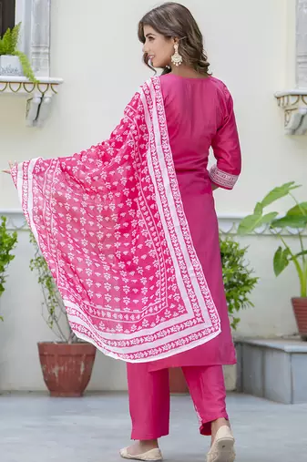 Silk blend pink casual wear embroidery work kurta set