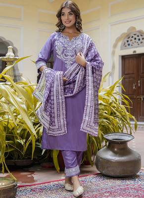Silk blend lavender casual wear embroidery work kurta set 1