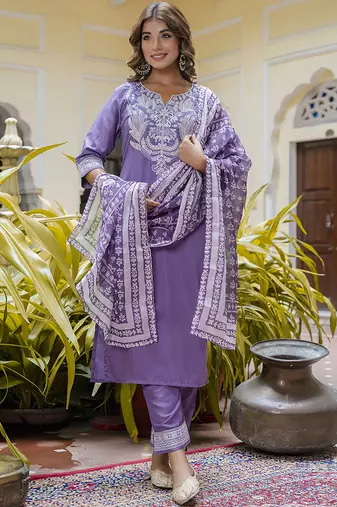Silk blend lavender casual wear embroidery work kurta set