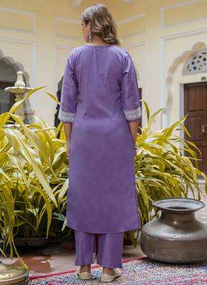 Silk blend lavender casual wear embroidery work kurta set 2