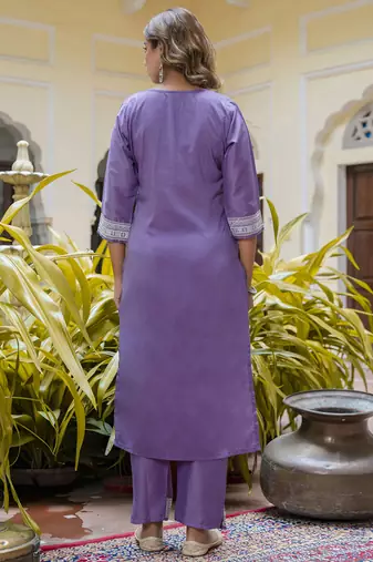 Silk blend lavender casual wear embroidery work kurta set