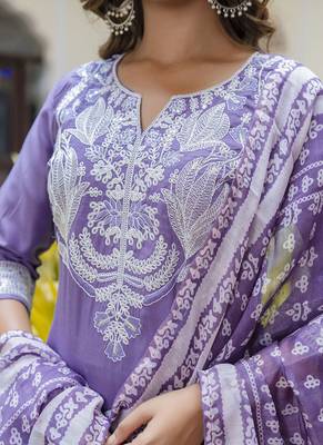 Silk blend lavender casual wear embroidery work kurta set 3