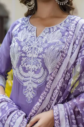 Silk blend lavender casual wear embroidery work kurta set