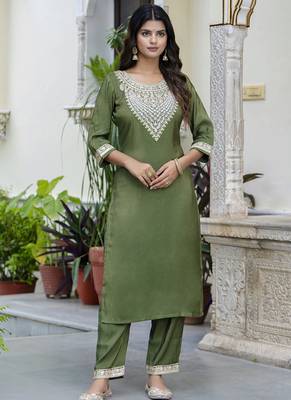 Silk blend olive green casual wear embroidery work kurta set 1